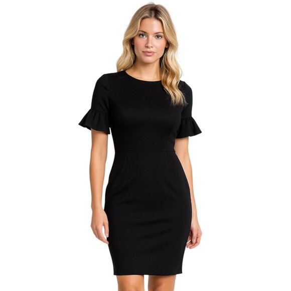 Marina Black Ruffle Sleeve Sheath Dress Size 4 NWT Cocktail Party Wedding Work - Picture 1 of 14
